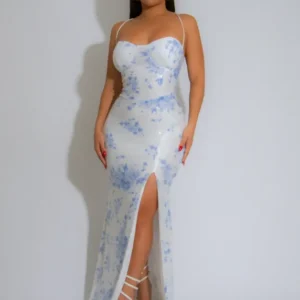 Midnight Porcelain Sequin Floral Maxi Dress Blue