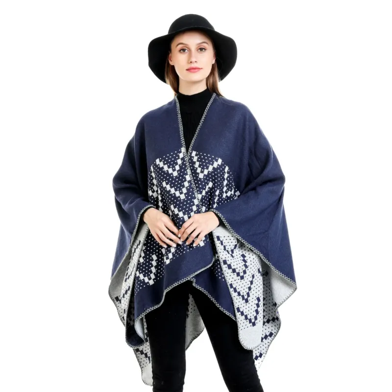 Damen Jacquard-Wickelruana mit geometrischem Muster und offener Kimono‑Silhouette – Avérine
