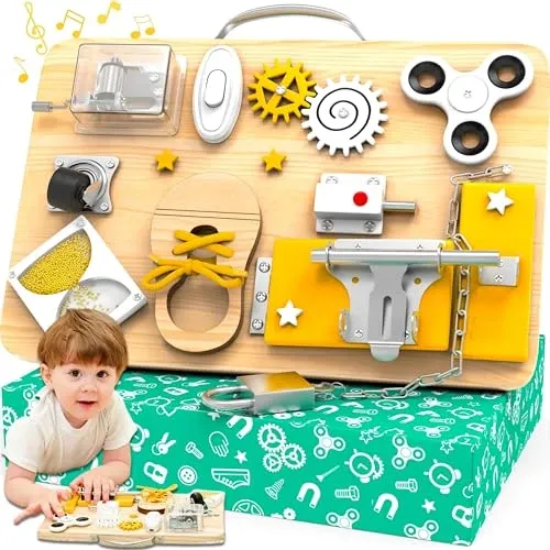 Motor skills board - Busy board with 10 activities - made of wood - children's activity motor skills toy for hours of activity - perfect travel toy