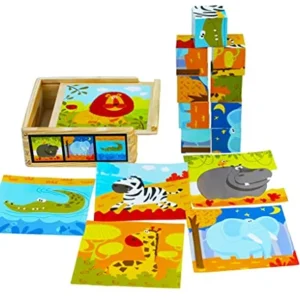 Wooden puzzle with large cubes for toddlers - 9 cubes with 6 wild animals in a wooden chest