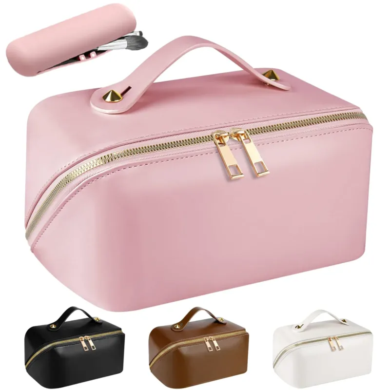 Cosmetic Bag Travel, Make Up Bag with Large Capacity, PU Leather Portable Make Up Bag Toiletry Bag Organizer