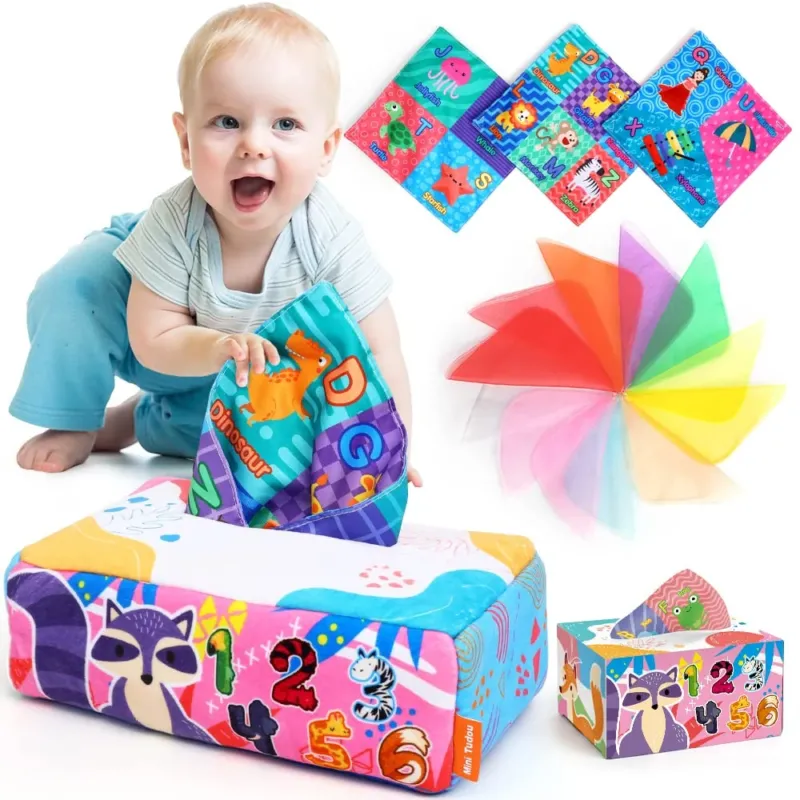Baby Toy Tissue Box with 3 Crackle Paper & Scarves,Educational Preschool Learning, Sensory Toy with Cartoon & Alphabet