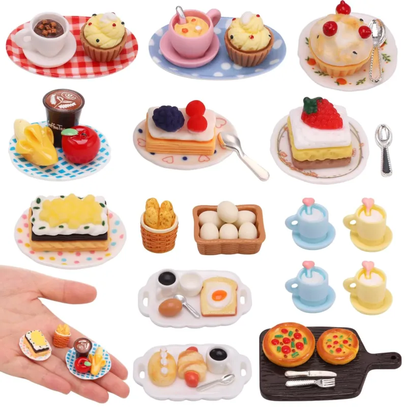 50 Pieces Miniature Food and Drink, Miniature Decorative Resin Dollhouse Accessories, Miniature Food Set, Mini Kitchen Small Doll Accessories, Toy Tableware