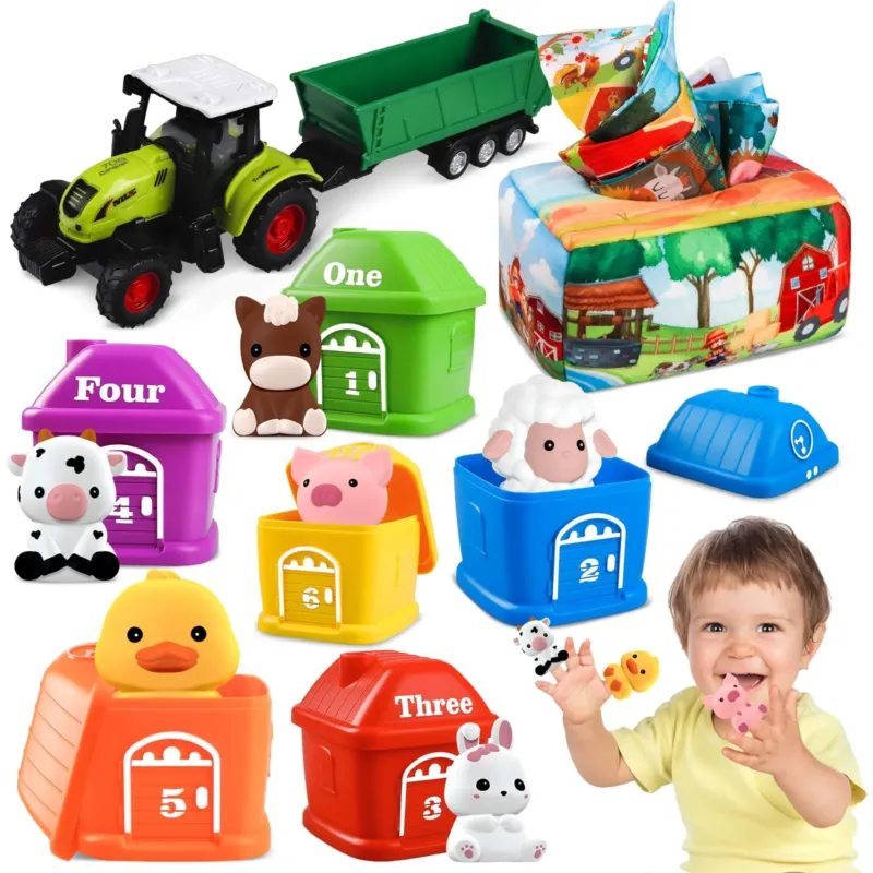 Baby toy, 3 IN 1 educational toy for toddlers, farm toy, tractor toy, tissue box, motor skills toy