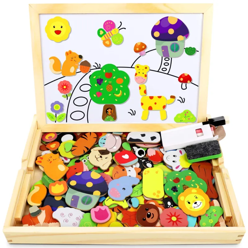 Wooden puzzle with double-sided board, puzzles, 110 pieces animal pattern Educational magnetic wooden toy