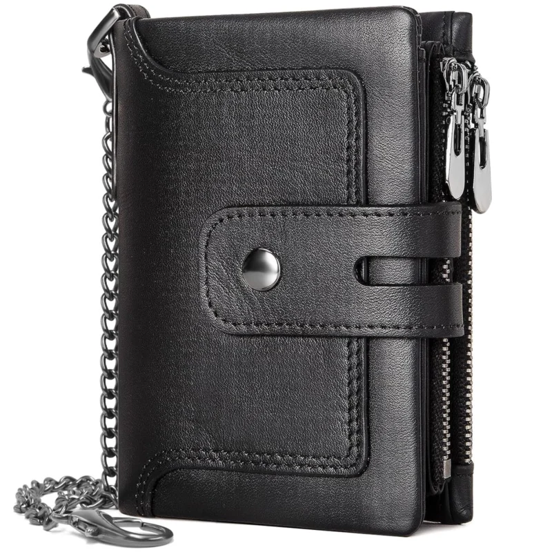 Leather Wallet with RFID Protection Slim Wallet with Chain Genuine Leather Small Wallet 15 card slots and Zippered Coin Pocket