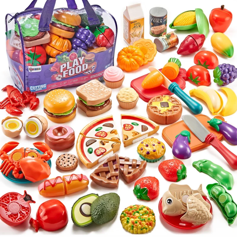 Pretend play food for kids kitchen, 78-piece play food set for kids kitchen with storage bag, fake food with pizza toy