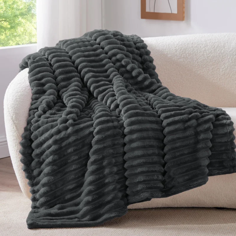 Cuddly Fluffy Blanket - Soft Blankets for Couch, Decorative Stripes Cord Blanket