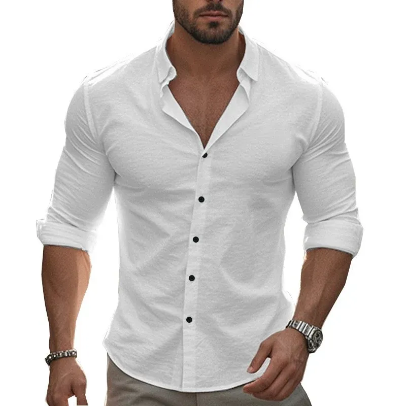 Herren tailliertes Stretch-Hemd mit Stehkragen, Slim-Fit und aufgerollten Ärmeln – Arvello