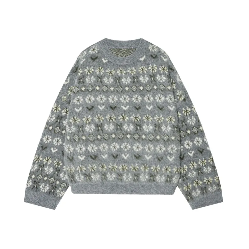 Damen gemusterter Norwegerpullover aus weichem Strickgarn mit Rundhalsausschnitt – Mavelle