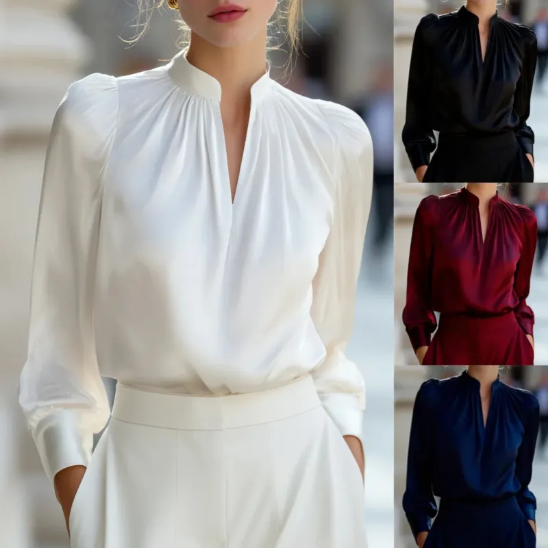 Damen Elegante Bluse mit Stehkragen und Bouffant-Ärmeln Echo Archiv
