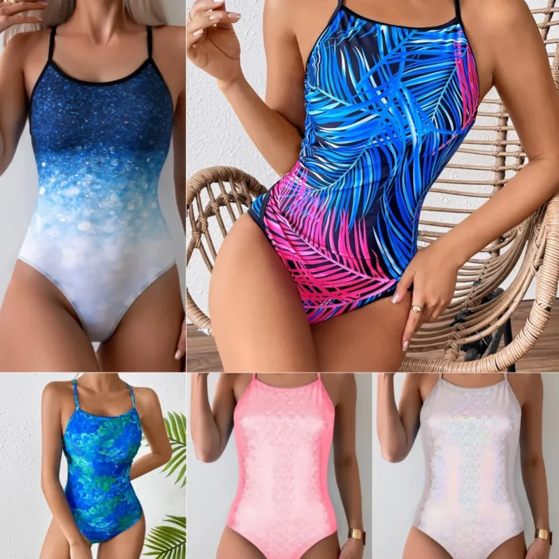 Damen Sportlicher Badeanzug mit modernem Pflanzenmuster – Maréssa