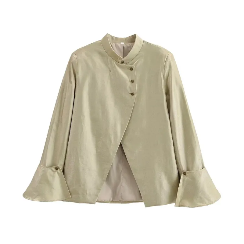 Damen Glänzende A-Linien-Jacke mit asymmetrischer Knopfleiste und Glockenärmeln Echo Archiv