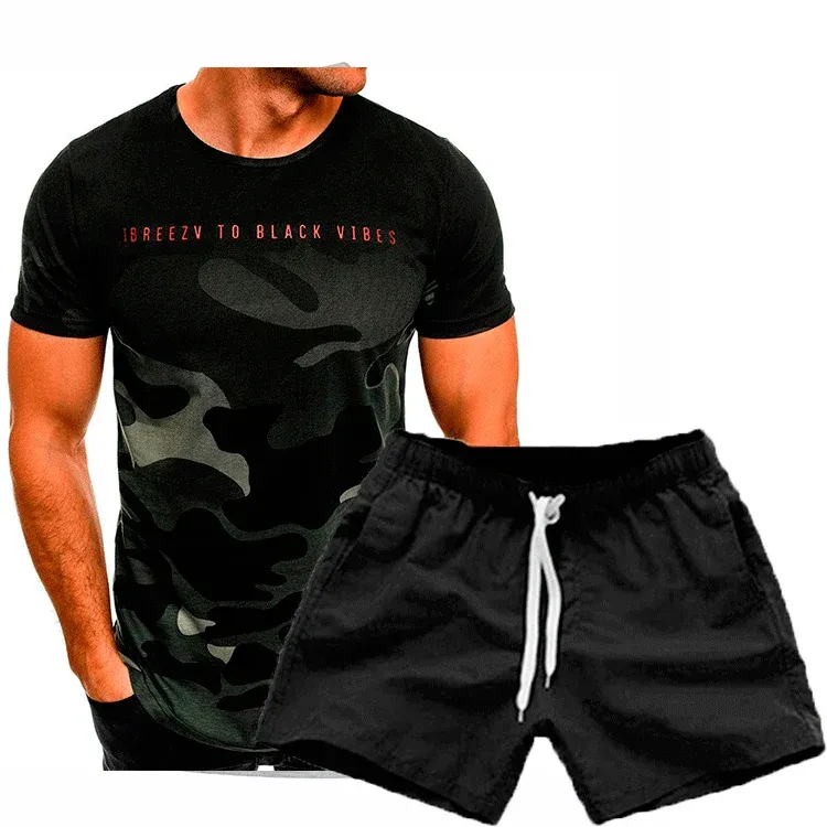 Herren Sportliches Camouflage T-Shirt und Freizeitshorts Set – Marzano