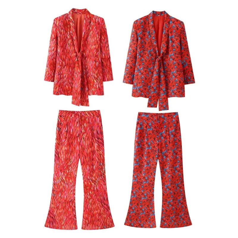 Damen 20+ zweiteiliges Satinset mit lockerem Knotenblazer und weiter Palazzohose Echo Archiv