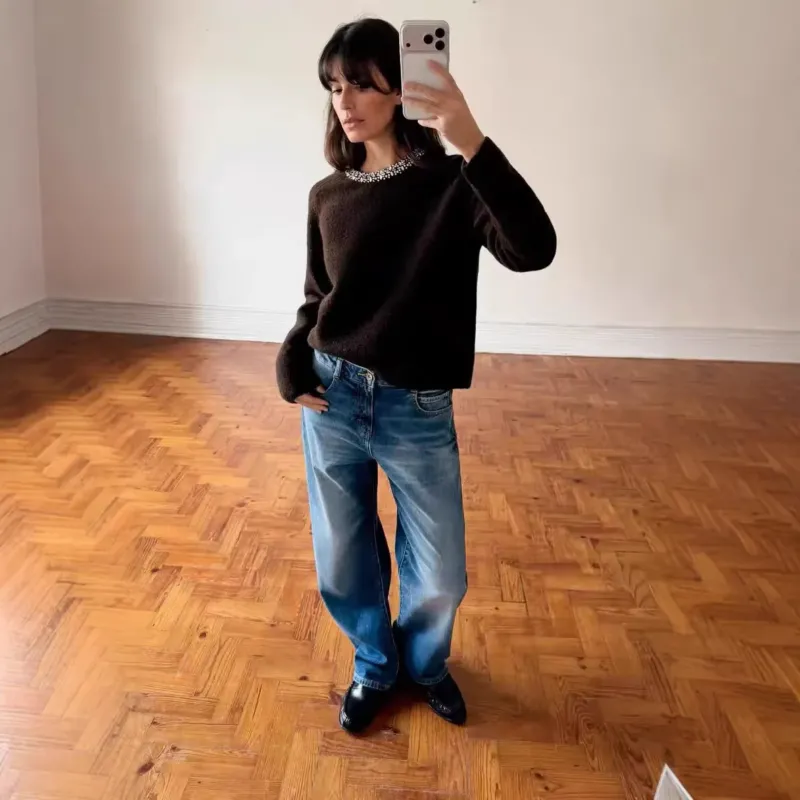 Damen Feinstrick-Pullover mit Schmuckkragen und leichtem Boxy-Cropped-Schnitt Echoarchiv