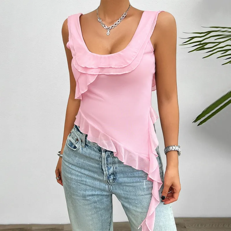 Damen asymmetrisches Rüschentop mit tiefem Ausschnitt und verführerischen Details – Avérine